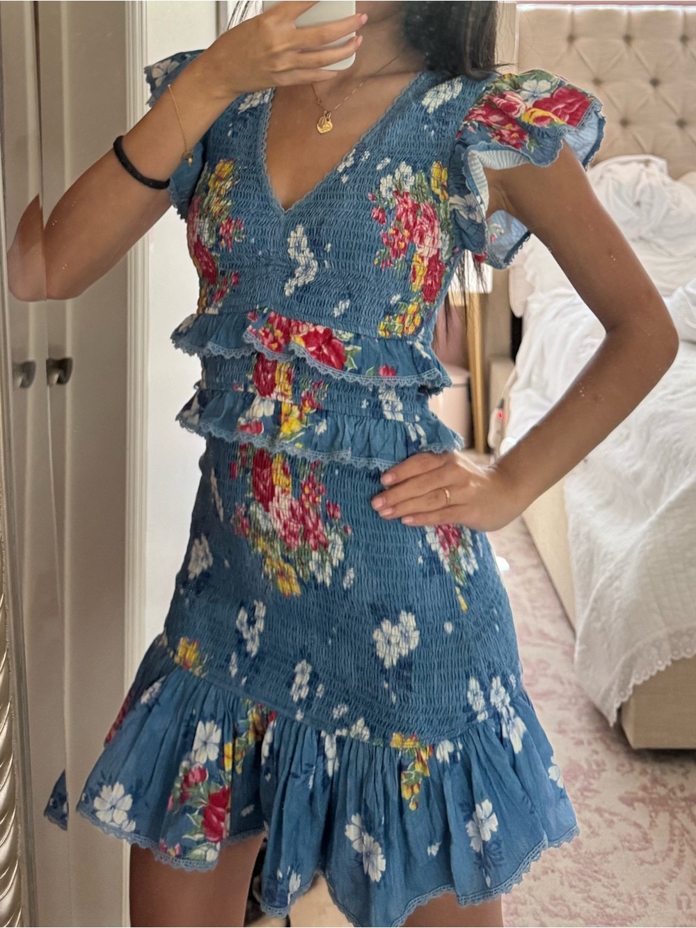 LoveShackFancy Floral Blue Ruffle Dress - Picture 2 of 7